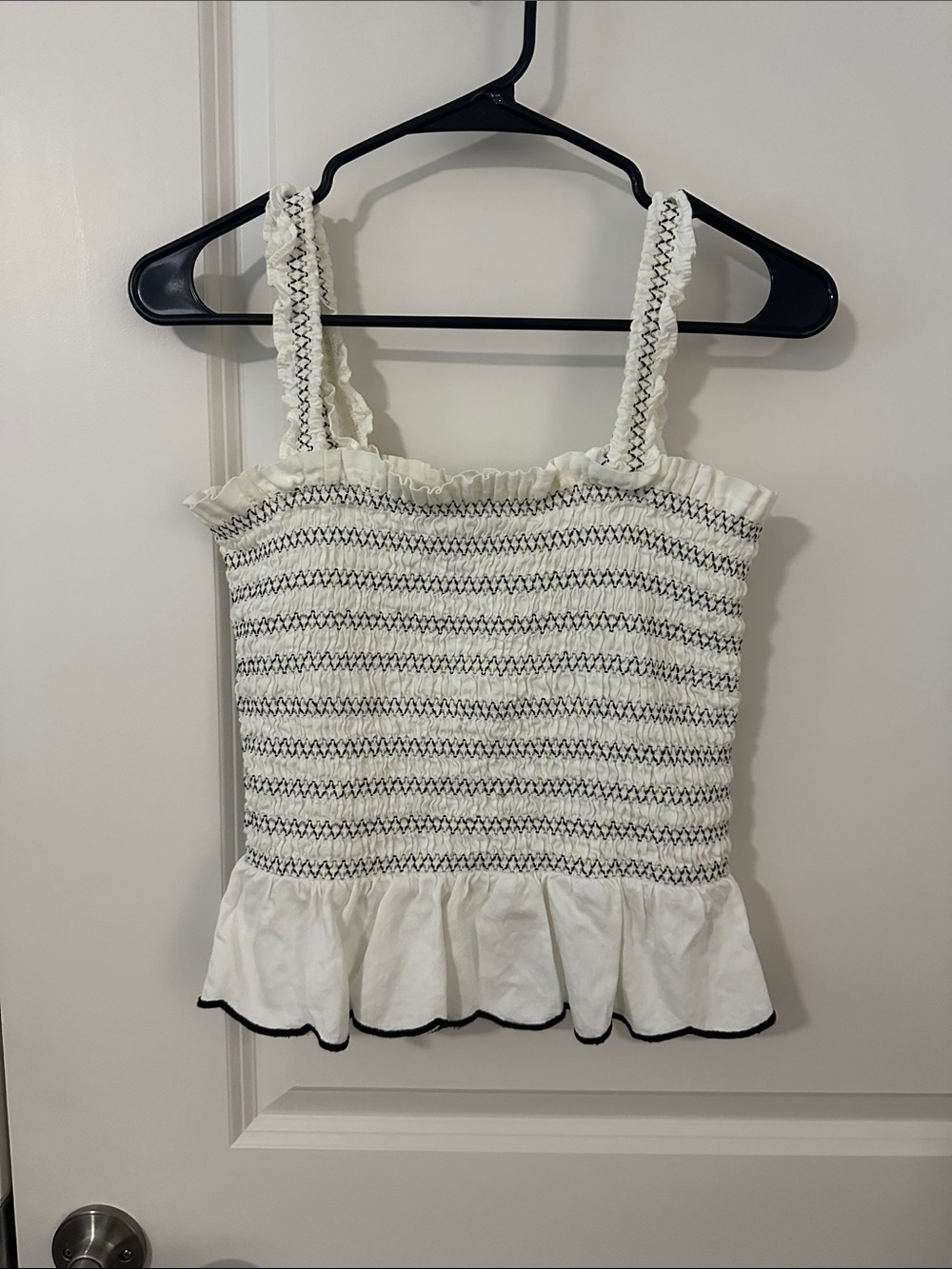 Fifteen Twenty White Smocked Ruffle-Hem Tank with Black Stitching